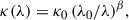 Mathematical equation: $$ \begin{aligned} \kappa (\lambda ) = \kappa _0\,(\lambda _0/\lambda )^{\beta }, \end{aligned} $$