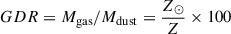 Mathematical equation: $ GDR=M_{\mathrm{gas}}/M_{\mathrm{dust}}=\frac{Z_{\odot}}{Z} \times 100 $