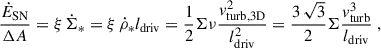 Mathematical equation: $$ \begin{aligned} \frac{\dot{E}_{\rm SN}}{\Delta A}=\xi \,\dot{\Sigma }_{*} = \xi \,\dot{\rho }_{*} l_{\rm driv}=\frac{1}{2} \Sigma \nu \frac{v_{\rm turb,3D}^{2}}{l_{\rm driv}^{2}} = \frac{3\,\sqrt{3}}{2} \Sigma \frac{v_{\rm turb}^3}{l_{\rm driv}}\ , \end{aligned} $$