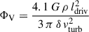 Mathematical equation: $$ \begin{aligned} \Phi _{\rm V}=\frac{4.1\,G\,\rho \,l_{\rm driv}^2}{3\,\pi \,\delta \,v_{\rm turb}^2} \end{aligned} $$