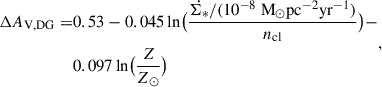 Mathematical equation: $$ \begin{aligned} \begin{aligned} \Delta A_{\rm V,DG}=&0.53-0.045\,\mathrm{ln}\big (\frac{\dot{\Sigma _*}/(10^{-8}\ \mathrm{M}_{\odot }\mathrm{pc}^{-2}\mathrm{yr}^{-1})}{n_{\rm cl}}\big )-\\&0.097\,\mathrm{ln}\big (\frac{Z}{Z_{\odot }}\big ) \end{aligned} ,\end{aligned} $$