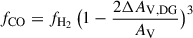 Mathematical equation: $ f_{\mathrm{CO}}=f_{\mathrm{H_2}} \, \big(1 - \frac{2 \Delta A_{\mathrm{V, DG}}}{A_{\mathrm{V}}}\big)^3 $