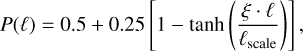 Mathematical equation: $\[P(\ell)=0.5+0.25\left[1-\tanh \left(\frac{\xi \cdot \ell}{\ell_{\text {scale }}}\right)\right],\]$