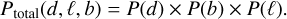 Mathematical equation: $\[P_{\text {total}}(d, \ell, b)=P(d) \times P(b) \times P(\ell).\]$