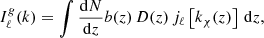 Mathematical equation: $$ \begin{aligned} I^{g}_{\rm \ell }(k) = \int \dfrac{\mathrm{d} N}{\mathrm{d} z} b(z) \, D(z) \, j_{\rm \ell } \left[ k_{\rm \chi }(z) \right] \, \mathrm{d} z, \end{aligned} $$