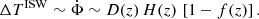 Mathematical equation: $$ \begin{aligned} \Delta T^\mathrm{ISW} \sim \dot{\Phi } \sim D(z) \, H(z) \, \left[ 1 - f(z) \right]. \end{aligned} $$