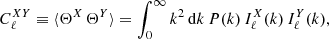 Mathematical equation: $$ \begin{aligned} C^{XY}_{\rm \ell } \equiv \langle \Theta ^X \, \Theta ^Y \rangle = \int ^{\infty }_{\rm 0} k^2 \, \mathrm{d} k \, P(k) \, I^X_{\rm \ell }(k) \, I^Y_{\rm \ell }(k), \end{aligned} $$