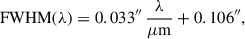 Mathematical equation: $$ \begin{aligned} \mathrm{FWHM} (\lambda ) = 0.033^{\prime \prime }\,\frac{\lambda }{\mu \mathrm{m} } + 0.106^{\prime \prime }, \end{aligned} $$