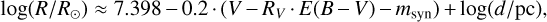 Mathematical equation: $\[\log \left(R / R_{\odot}\right) \approx 7.398-0.2 \cdot\left(V-R_V \cdot E(B-V)-m_{\mathrm{syn}}\right)+\log (d / \mathrm{pc}),\]$
