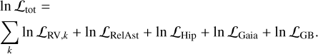 Mathematical equation: $\ln {{\cal L}_{{\rm{tot}}}} = \sum\limits_k {\ln } {{\cal L}_{{\rm{RV}},k}} + \ln {{\cal L}_{{\rm{RelAst}}}} + \ln {{\cal L}_{{\rm{Hip}}}} + \ln {{\cal L}_{{\rm{Gaia}}}} + \ln {{\cal L}_{{\rm{GB}}}}.$