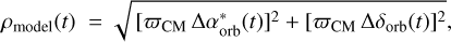 Mathematical equation: ${\rho _{{\rm{model}}}}(t) = \sqrt {{{[{\varpi _{{\rm{CM}}}}{\mkern 1mu} \Delta \alpha _{{\rm{orb}}}^*(t)]}^2} + {{[{\varpi _{{\rm{CM}}}}{\mkern 1mu} \Delta {\delta _{{\rm{orb}}}}(t)]}^2}} ,$