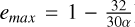 Mathematical equation: $e_{max}=1-\frac{32}{30\alpha}$