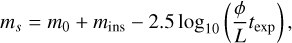 Mathematical equation: ${m_s} = {m_0} + {m_{{\rm{ins}}}} - 2.5{\log _{10}}\left( {{\phi \over L}{t_{{\rm{exp}}}}} \right),$