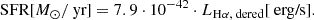 Mathematical equation: $$ \begin{aligned} \text{ SFR}[M_\odot /\text{ yr}] = 7.9 \cdot 10^{-42}\cdot L_{\text{H}\alpha ,\text{ dered}}[\text{ erg/s}]. \end{aligned} $$