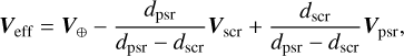 Mathematical equation: $\[\boldsymbol{V}_{\mathrm{eff}}=\boldsymbol{V}_{\oplus}-\frac{d_{\mathrm{psr}}}{d_{\mathrm{psr}}-d_{\mathrm{scr}}} \boldsymbol{V}_{\mathrm{scr}}+\frac{d_{\mathrm{scr}}}{d_{\mathrm{psr}}-d_{\mathrm{scr}}} \boldsymbol{V}_{\mathrm{psr}},\]$