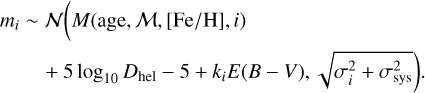Mathematical equation: \begin{split}m_i & \sim {\mathcal N}\bigg( M (\mathrm{age},{\mathcal M},[\mathrm{Fe}/\mathrm{H}], i) \\ & \quad+ 5 \log_{10} D_{\mathrm{hel}} -5 + k_i E(B-V), \sqrt{\sigma_i^2 + \sigma_{\mathrm{sys}}^2}\bigg).\end{split}