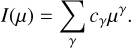 Mathematical equation: $\[I(\mu)=\sum_\gamma c_\gamma \mu^\gamma.\]$