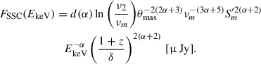 Mathematical equation: $$ \begin{aligned} F_\text{SSC}(E_\text{keV})&= d(\alpha ) \ln {\left(\frac{\nu _2}{\nu _m}\right)} \theta _\text{mas}^{-2(2\alpha +3)} \nu _m^{-(3\alpha +5)} S_m^{\prime 2(\alpha +2)} \nonumber \\&\quad E_\text{keV}^{-\alpha } \left(\frac{1+z}{\delta }\right)^{2(\alpha +2)}\, [\upmu \text{ Jy}]. \end{aligned} $$