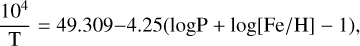 Mathematical equation: $\[\frac{10^4}{\mathrm{T}}=49.309-4.25(\log \mathrm{P}+\log [\mathrm{Fe} / \mathrm{H}]-1),\]$