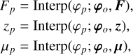 Mathematical equation: $\eqalign{& {F_p} = Interp({\varphi _p};\,{\varphi _o},\,F),\cr & {z_p} = Interp({\varphi _p};\,\,{\varphi _o},\,z),\cr & {\mu _p} = Interp({\varphi _p};\,\,{\varphi _o},\,\mu ), \cr} $