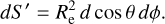 Mathematical equation: $dS' = R_0^2d\cos \theta d\phi .$