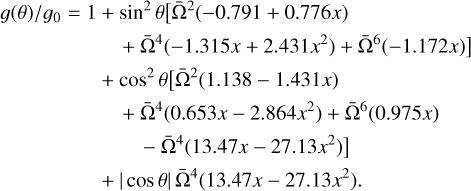 Mathematical equation: $\matrix{{g(\theta )/{g_0} = 1 + {{\sin }^2}\theta [{{{\rm{\bar \Omega }}}^2}( - 0.791 + 0.776x)} \hfill \cr {\qquad \qquad + {{{\rm{\bar \Omega }}}^4}( - 1.315x + 2.431{x^2}) + {{{\rm{\bar \Omega }}}^6}( - 1.172x)]} \hfill \cr {\qquad \quad + {{\cos }^2}\theta [{{{\rm{\bar \Omega }}}^2}(1.138 - 1.431x)} \hfill \cr {\qquad \qquad + {{{\rm{\bar \Omega }}}^4}(0.653x - 2.864{x^2}) + {{{\rm{\bar \Omega }}}^6}(0.975x)} \hfill \cr {\qquad \qquad - {{{\rm{\bar \Omega }}}^4}(13.47x - 27.13{x^2})]} \hfill \cr {\qquad \quad + |\cos \theta |{{{\rm{\bar \Omega }}}^4}(13.47x - 27.13{x^2}).} \hfill \cr }$