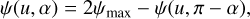Mathematical equation: $\psi (u,\alpha ) = 2{\psi _{{\rm{max}}}} - \psi (u,\pi - \alpha ),$