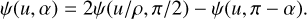 Mathematical equation: $\psi (u,\alpha ) = 2\psi (u/\rho ,\pi /2) - \psi (u,\pi - \alpha ).$