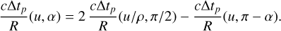 Mathematical equation: ${{c{\rm{\Delta }}{t_p}} \over R}(u,\alpha ) = 2{{c{\rm{\Delta }}{t_p}} \over R}\left( {u/\rho ,\pi /2} \right) - {{c{\rm{\Delta }}{t_p}} \over R}(u,\pi - \alpha ).$
