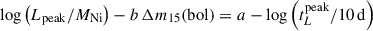 Mathematical equation: $ \log\left(L_{\mathrm{peak}}/M_{\mathrm{Ni}}\right) - b\,\Delta m_{15}(\mathrm{bol}) = a - \log\left(t_{L}^{\mathrm{peak}}/10\,\mathrm{d}\right) $