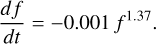 Mathematical equation: \frac{df}{dt} = -0.001 \, f^{1.37}.