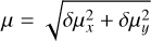 Mathematical equation: $\mu = \sqrt{\delta\mu_x^2 + \delta\mu_y^2}$