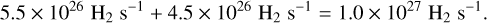 Mathematical equation: 5.5 \times 10^{26} \;\mathrm{H}_2\;\mathrm{s}^{-1} + 4.5 \times 10^{26} \;\mathrm{H}_2 \;\mathrm{s}^{-1} = 1.0 \times 10^{27} \;\mathrm{H}_2 \;\mathrm{s}^{-1}. \quad