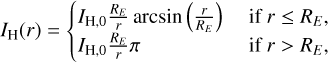 Mathematical equation: \begin{eqnarray} I_{\mathrm{H}}(r) = \begin{cases} I_{\mathrm{H},0}\frac{R_E}{r}\arcsin\left({\frac{r}{R_E}}\right) & \text{ if } r \leq R_E,\\ I_{\mathrm{H},0}\frac{R_E}{r}\pi & \text{ if } r > R_E, \end{cases} \label{eq:Hexo}%\vspace*{-3pt} \end{eqnarray}