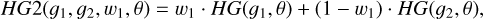 Mathematical equation: HG2(g_\mathrm{1}, g_\mathrm{2}, w_\mathrm{1}, \theta) = w_\mathrm{1} \cdot HG(g_\mathrm{1}, \theta) + (1 - w_\mathrm{1}) \cdot HG(g_\mathrm{2}, \theta),