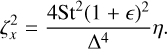 Mathematical equation: $\[\zeta_x^2=\frac{4 \operatorname{St}^2(1+\epsilon)^2}{\Delta^4} \eta.\]$