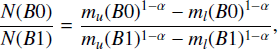 Mathematical equation: $$ \begin{aligned} \frac{N(B0)}{N(B1)} =\frac{m_{u}(B0)^{1-\alpha }-m_{l}(B0)^{1-\alpha }}{m_{u}(B1)^{1-\alpha }-m_{l}(B1)^{1-\alpha }} ,\end{aligned} $$