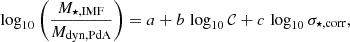 Mathematical equation: $$ \begin{aligned} \log _{10}\left(\frac{M_{\star ,\mathrm{IMF}}}{M_{\rm dyn,PdA}}\right) = a + b\,\log _{10}\mathcal{C} + c\,\log _{10}\sigma _{\star ,\mathrm{corr}}, \end{aligned} $$