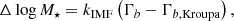 Mathematical equation: $$ \begin{aligned} \Delta \log M_\star = k_{\rm IMF} \left(\Gamma _b - \Gamma _{b,\mathrm{Kroupa}}\right), \end{aligned} $$