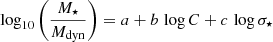 Mathematical equation: $$ \begin{aligned} \log _{10}\left(\frac{M_\star }{M_{\rm dyn}}\right) = a + b\,\log C + c\,\log \sigma _\star \end{aligned} $$