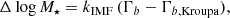 Mathematical equation: $$ \begin{aligned} \Delta \log M_\star = k_{\rm IMF} \, (\Gamma _b - \Gamma _{b,\mathrm{Kroupa}}), \end{aligned} $$