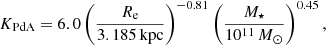 Mathematical equation: $$ \begin{aligned} K_{\mathrm{PdA} } = 6.0 \left(\frac{R_{\rm e}}{3.185\,\mathrm{kpc}}\right)^{-0.81} \left(\frac{M_\star }{10^{11}\,M_\odot }\right)^{0.45}, \end{aligned} $$