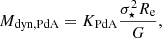 Mathematical equation: $$ \begin{aligned} M_{\rm dyn, PdA} = K_{\mathrm{PdA} } \frac{\sigma _{\star }^{2} R_{\rm e}}{G}, \end{aligned} $$