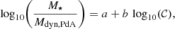 Mathematical equation: $$ \begin{aligned} \log _{10}\!\left(\frac{M_\star }{M_{\rm dyn,PdA}}\right) = a + b\,\log _{10}(\mathcal{C} ), \end{aligned} $$