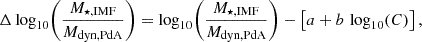 Mathematical equation: $$ \begin{aligned} \Delta \log _{10}\!\left(\frac{M_{\star ,\mathrm{IMF}}}{M_{\rm dyn,PdA}}\right) = \log _{10}\!\left(\frac{M_{\star ,\mathrm{IMF}}}{M_{\rm dyn,PdA}}\right) - \left[a+b\,\log _{10}(C)\right], \end{aligned} $$