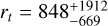 Mathematical equation: ${r_t} = 848_{ - 669}^{ + 1912}$