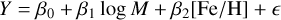 Mathematical equation: $\[Y=\beta_0+\beta_1 ~\log~ M+\beta_2[\mathrm{Fe} / \mathrm{H}]+\epsilon\]$