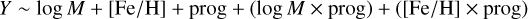 Mathematical equation: $\[Y \sim ~\log~ M+[\mathrm{Fe} / \mathrm{H}]+\operatorname{prog}+(\log~ M \times \operatorname{prog})+([\mathrm{Fe} / \mathrm{H}] \times \operatorname{prog})\]$