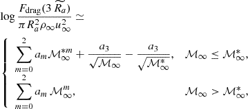 Mathematical equation: $$ \begin{aligned}&\log \frac{F_{\rm drag}(3\,\widetilde{R_a})}{\pi R_a^2 \rho _\infty u_\infty ^2} \simeq \nonumber \\&\left\{ \begin{array}{ll} \displaystyle \sum _{m = 0}^2 a_m \mathcal{M} _\infty ^{*m} + \frac{a_3}{\sqrt{\mathcal{M} _\infty }} - \frac{a_3}{\sqrt{\mathcal{M} _\infty ^*}},&\mathcal{M} _\infty \le \mathcal{M} _\infty ^{*}, \\ \displaystyle \sum _{m = 0}^2 a_m \, \mathcal{M} _\infty ^m,&\mathcal{M} _\infty > \mathcal{M} _\infty ^{*}, \end{array}\right. \end{aligned} $$