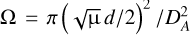 Mathematical equation: $\Omega =\pi \left(\sqrt{\upmu}\,d/2\right)^2 / D_{A}^2$